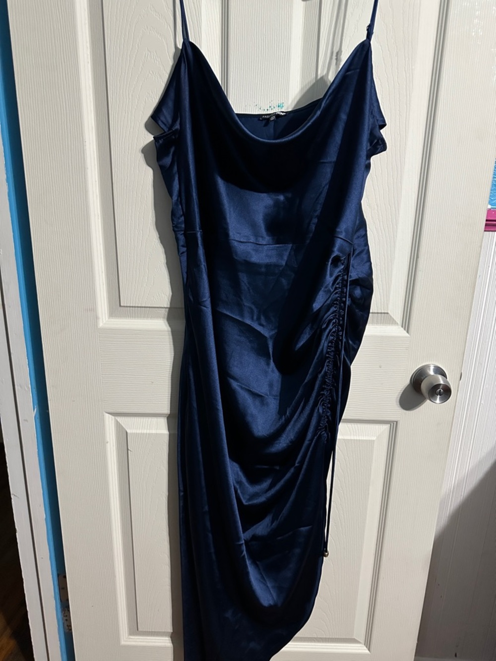 Fashion Nova Navy Satin Midi Slip Dress with Side Ruched Detail